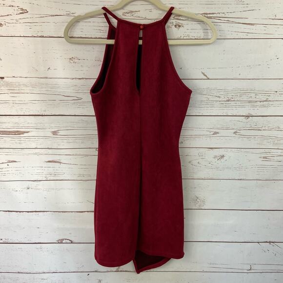 Windsor M Maroon Red Faux Suede High Neck Asymmetrical Hem Mini Dress - Picture 4 of 7